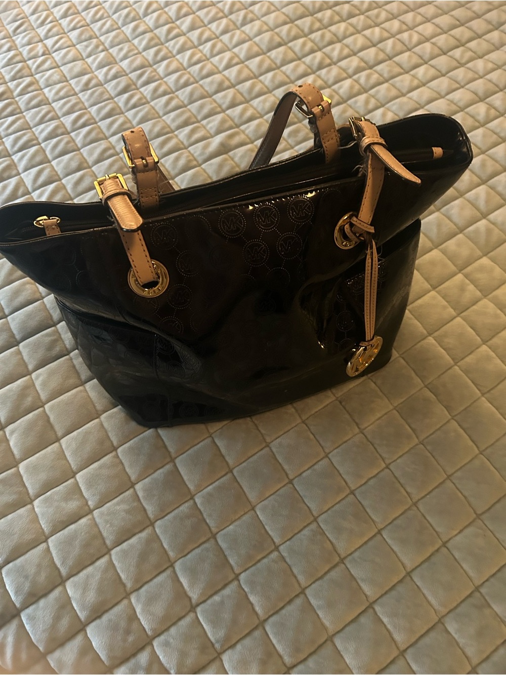 Michael Kors Black Patent Tote with Tan Handles